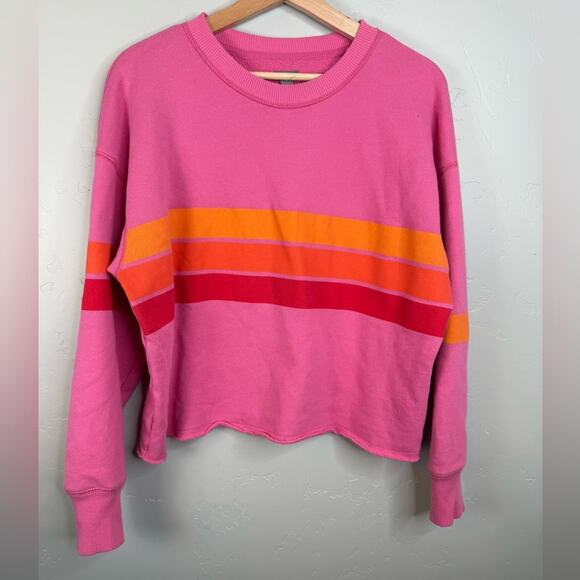 Aerie Striped Sweatshirt Cropped Casual Bright Pink Medium - Picture 2 of 10